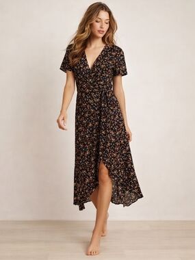 Black Floral High-Low Wrap Dress with Ruffled Edge. Soft And Stretchy